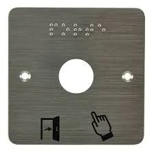 Plaque acier inox SSP201, 80 x 80 mm, perçage Ø 19 mm, pictogrammes "Porte + doigt" et "PORTE" en braille